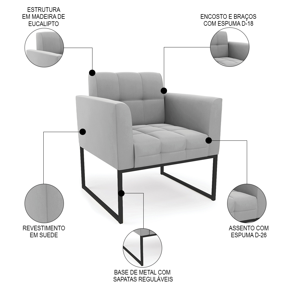 Sofá Namoradeira e 1 Poltrona Base Industrial Preto Ana Suede Cinza - Ibiza