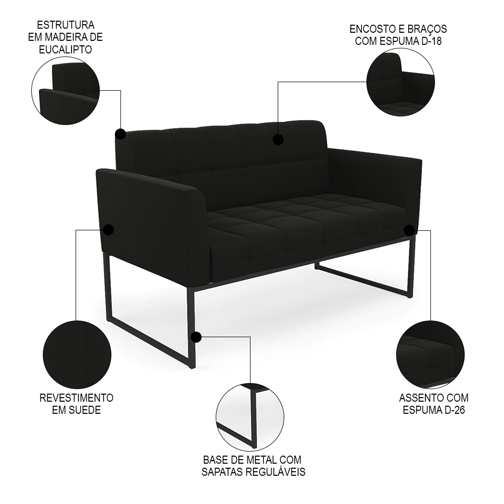 Sofá Namoradeira e 1 Poltrona Base Industrial Preto Ana Suede Preto - Ibiza
