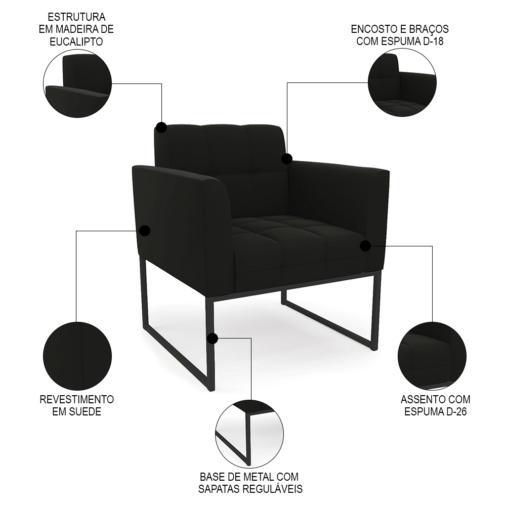 Sofá Namoradeira e 1 Poltrona Base Industrial Preto Ana Suede Preto - Ibiza