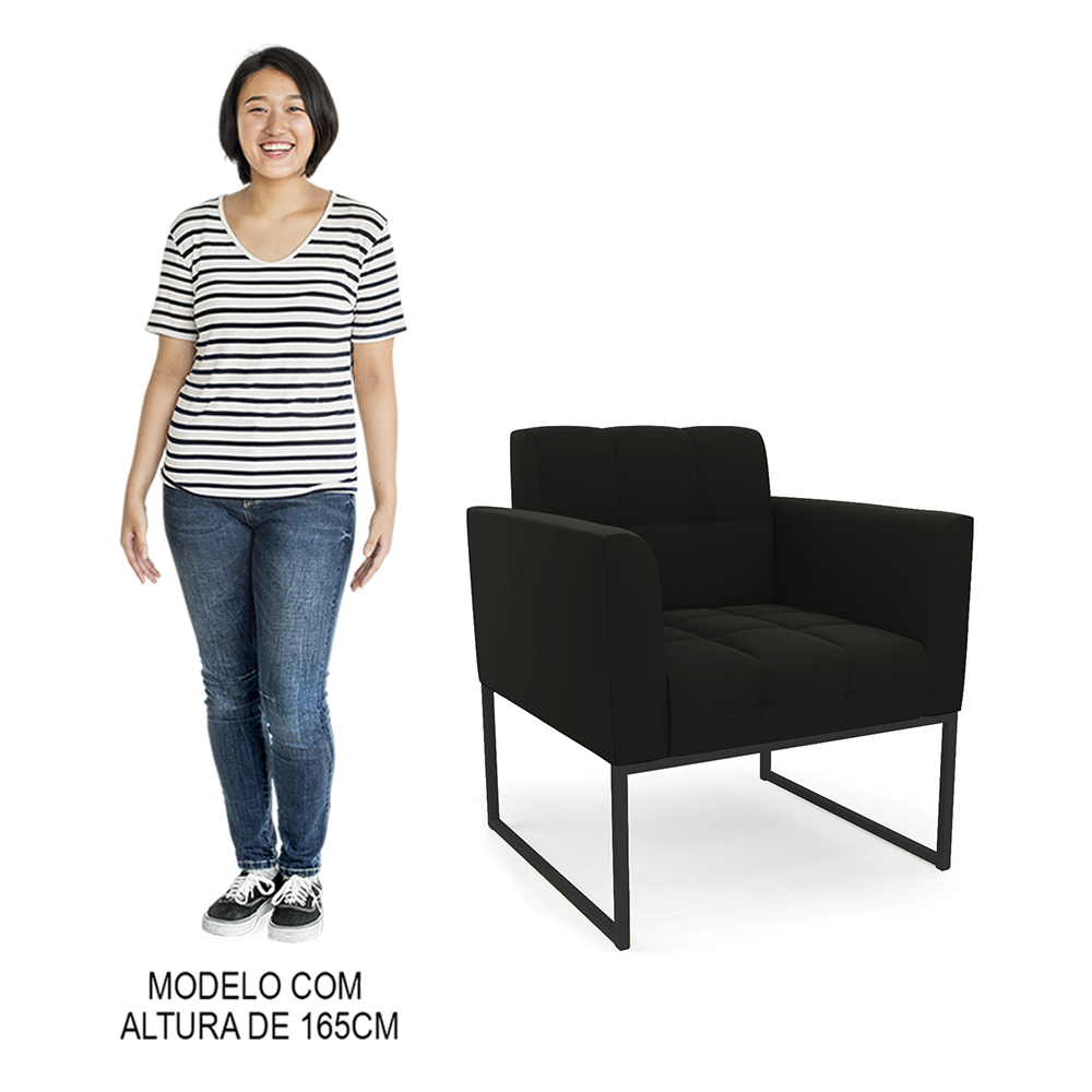 Sofá Namoradeira e 1 Poltrona Base Industrial Preto Ana Suede Preto - Ibiza