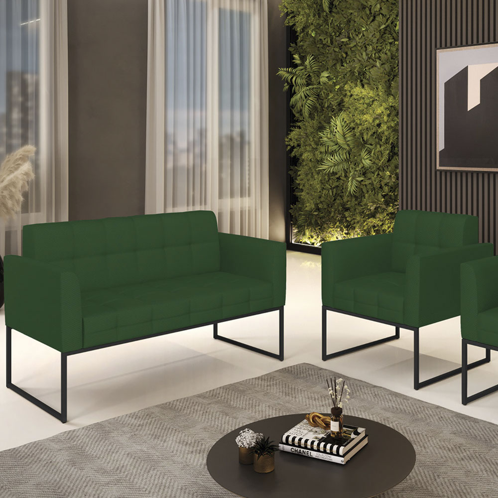 Sofá Namoradeira e 1 Poltrona Base Industrial Preto Ana Veludo Luxo Verde - Ibiza