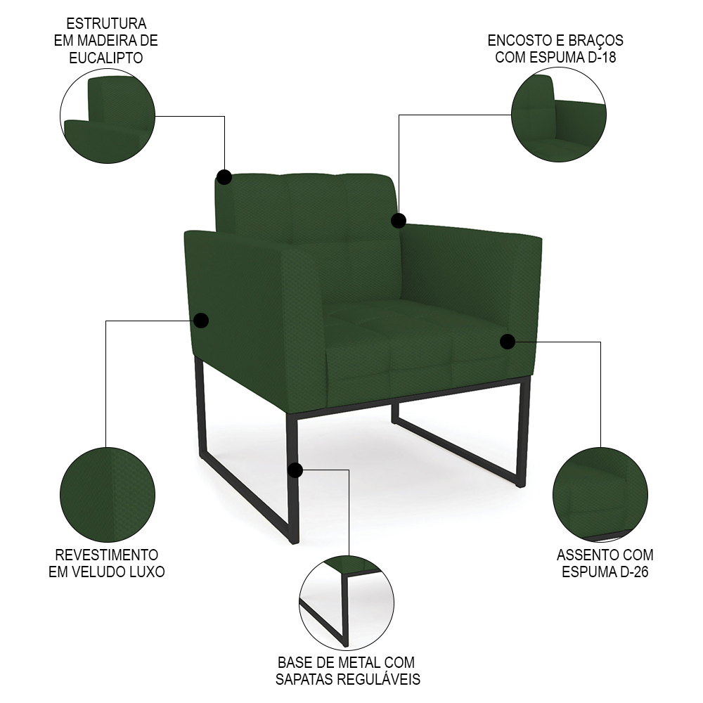 Sofá Namoradeira e 1 Poltrona Base Industrial Preto Ana Veludo Luxo Verde - Ibiza