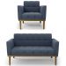 Sofá Namoradeira e 1 Poltrona Base Madeira Castanho Ana Suede Azul Marinho - Ibiza