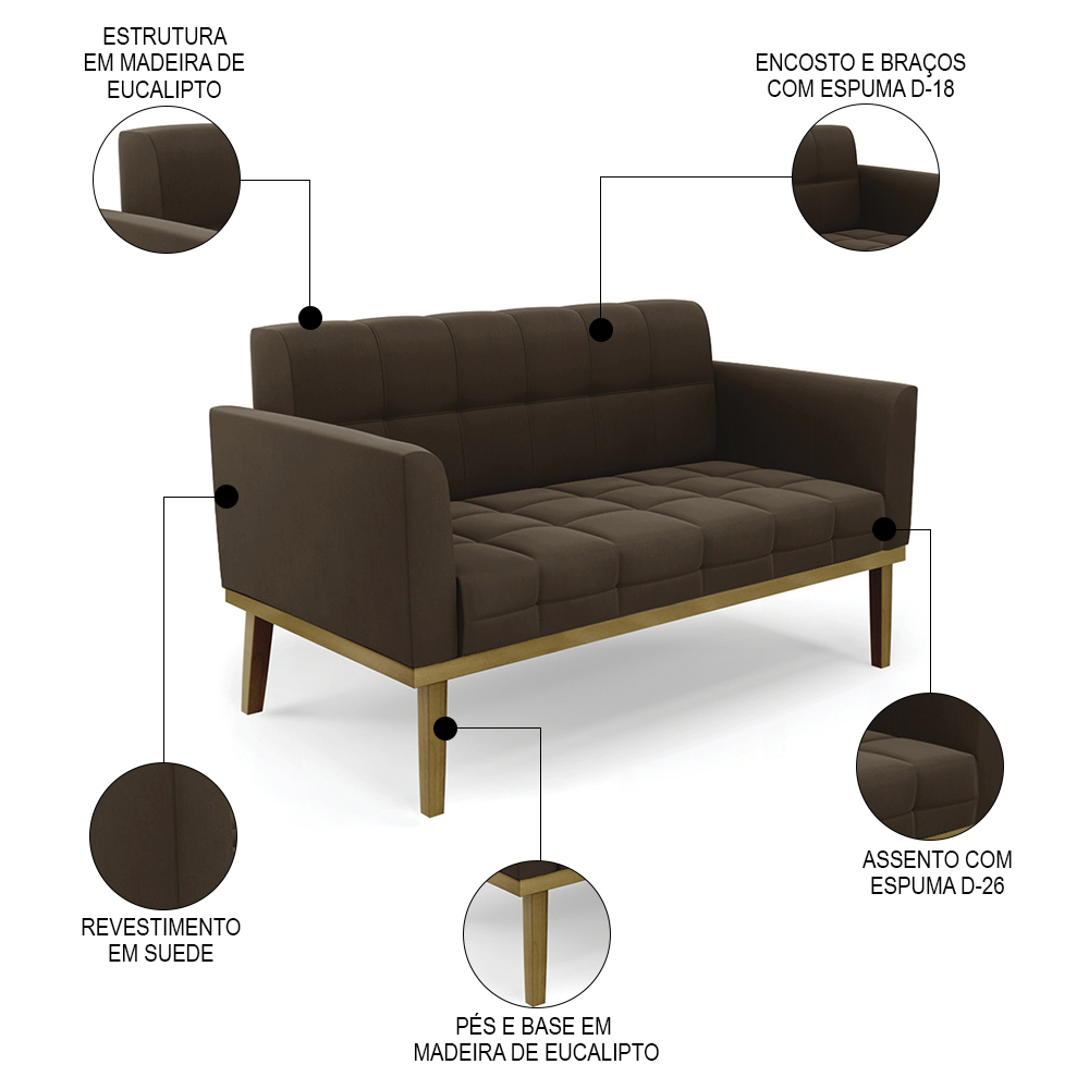 Sofá Namoradeira e 1 Poltrona Base Madeira Castanho Ana Suede Marrom - Ibiza
