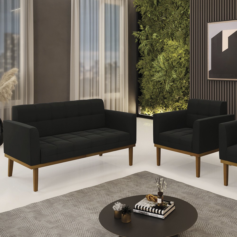 Sofá Namoradeira e 1 Poltrona Base Madeira Castanho Ana Suede Preto - Ibiza