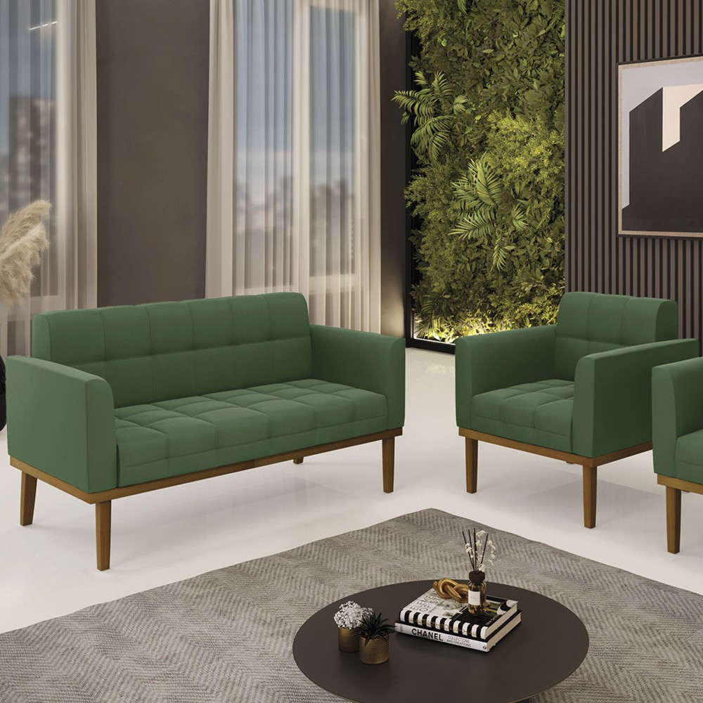 Sofá Namoradeira e 1 Poltrona Base Madeira Castanho Ana Suede Verde - Ibiza