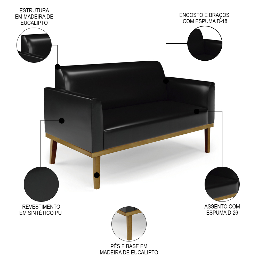 Sofá Namoradeira e 1 Poltrona Base Madeira Castanho Maressa Sintético PU Preto - Ibiza