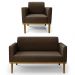 Sofá Namoradeira e 1 Poltrona Base Madeira Castanho Maressa Suede Marrom - Ibiza