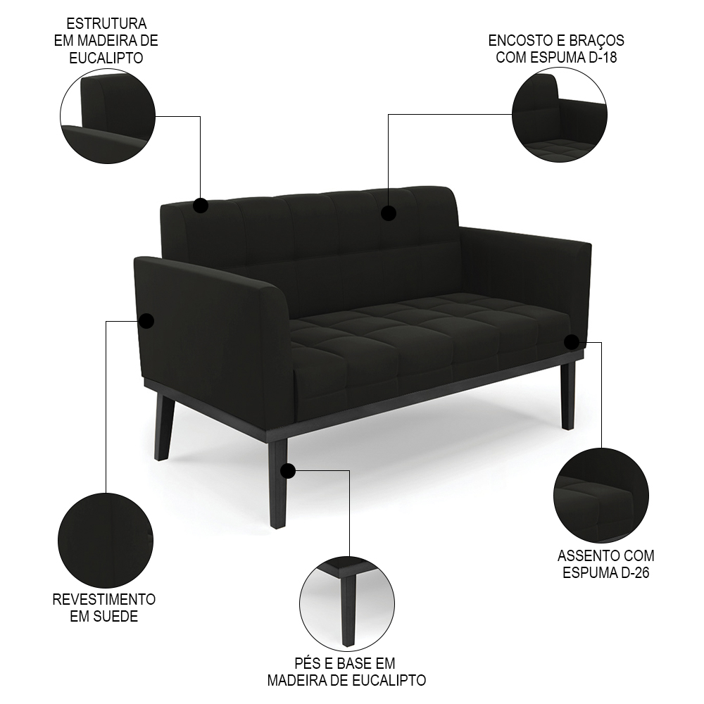Sofá Namoradeira e 1 Poltrona Base Madeira Preto Ana Suede Preto - Ibiza