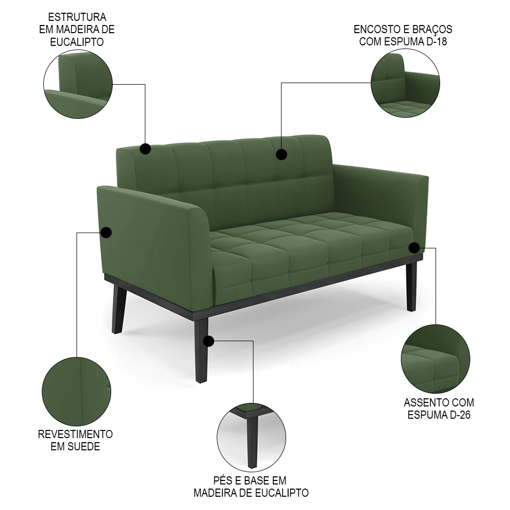 Sofá Namoradeira e 1 Poltrona Base Madeira Preto Ana Suede Verde - Ibiza