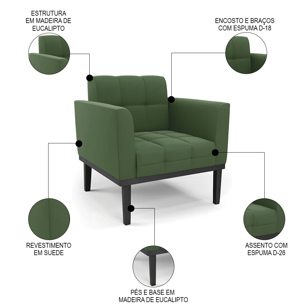 Sofá Namoradeira e 1 Poltrona Base Madeira Preto Ana Suede Verde - Ibiza