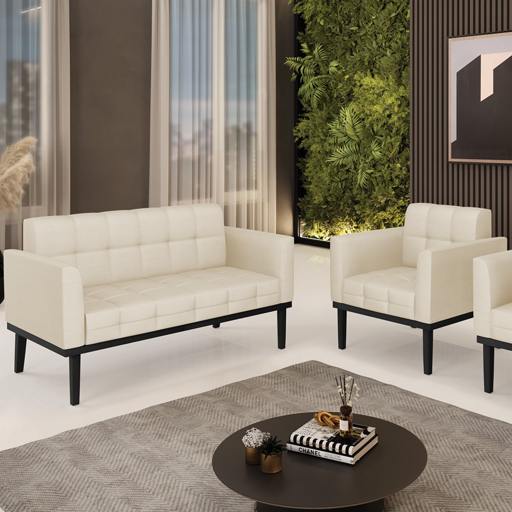 Sofá Namoradeira e 1 Poltrona Base Madeira Preto Ana Veludo Luxo Off White - Ibiza