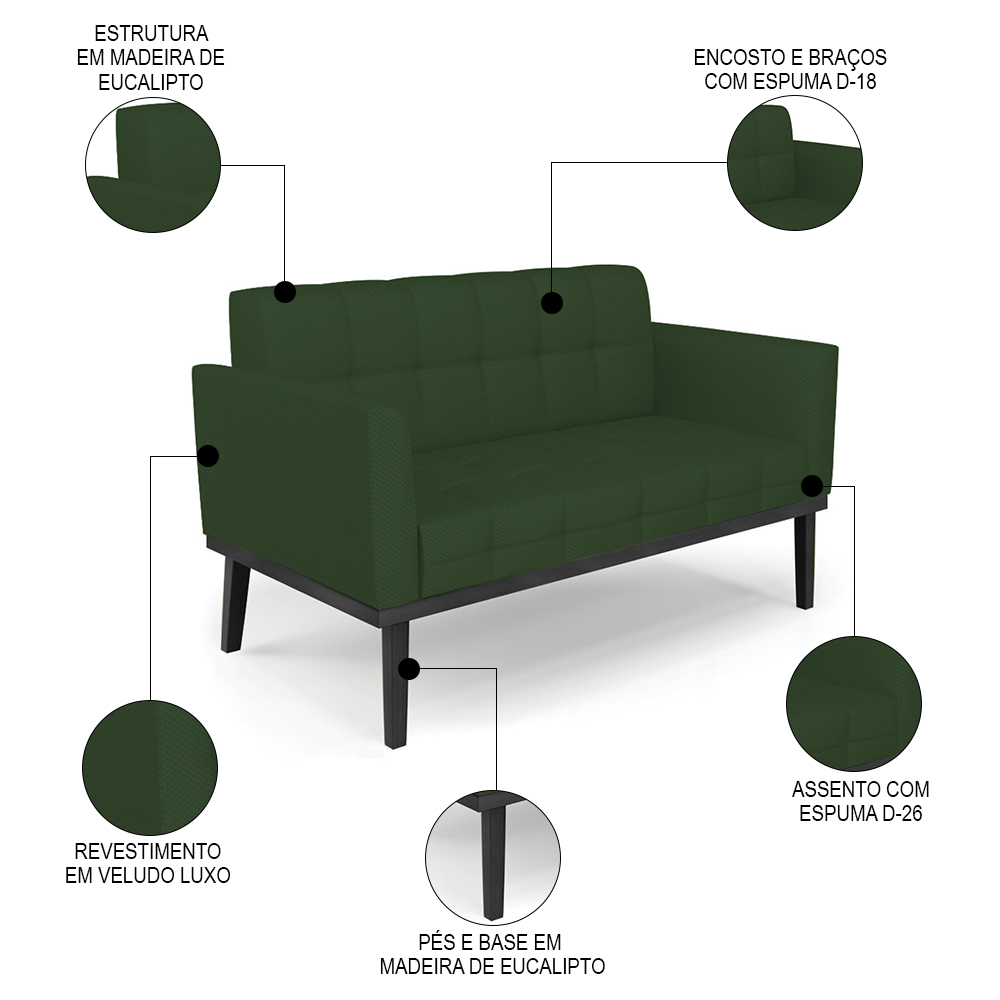 Sofá Namoradeira e 1 Poltrona Base Madeira Preto Ana Veludo Luxo Verde - Ibiza