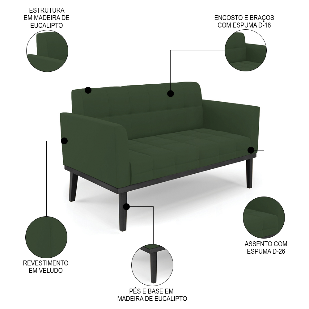 Sofá Namoradeira e 1 Poltrona Base Madeira Preto Ana Veludo Verde - Ibiza