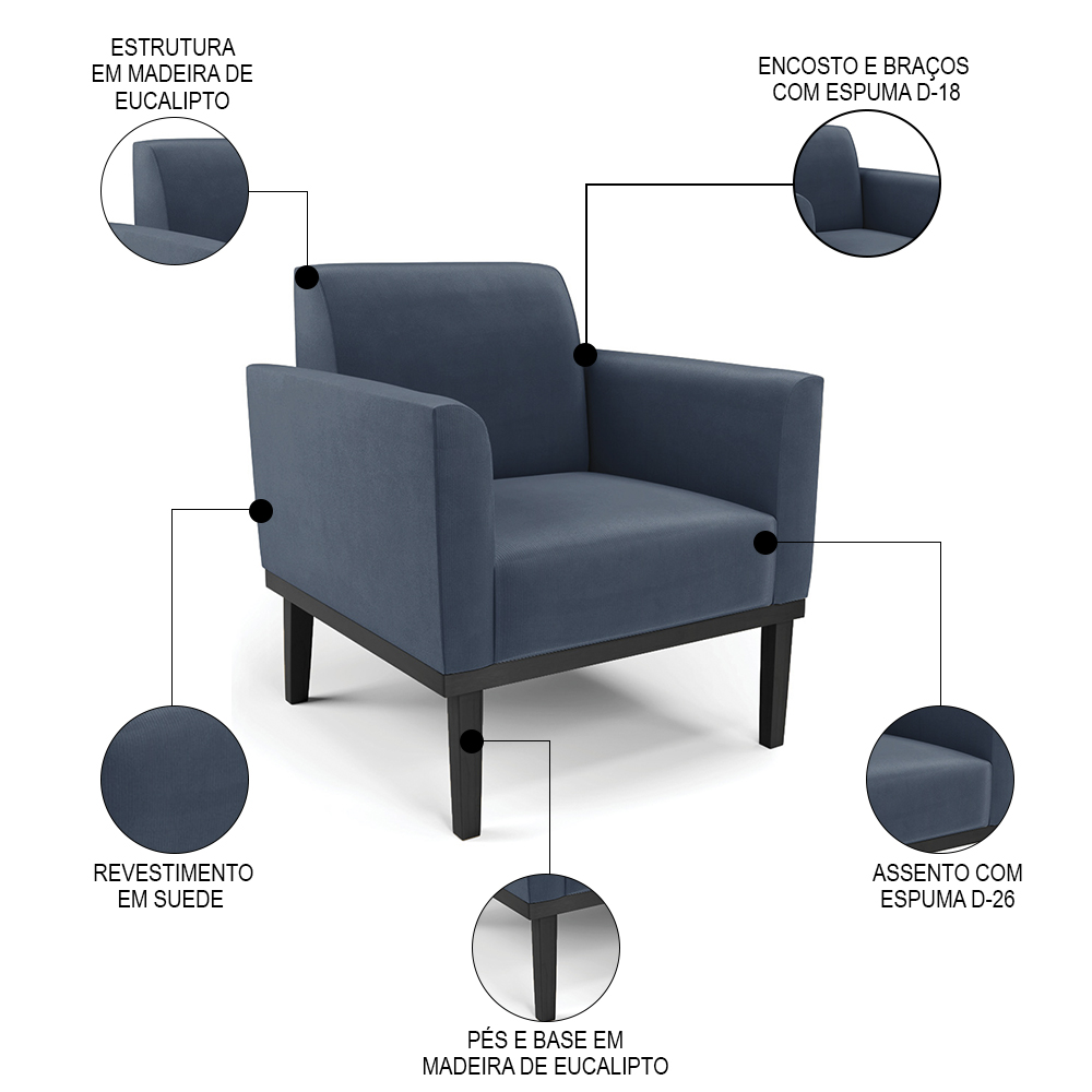 Sofá Namoradeira e 1 Poltrona Base Madeira Preto Maressa Suede Azul Marinho - Ibiza