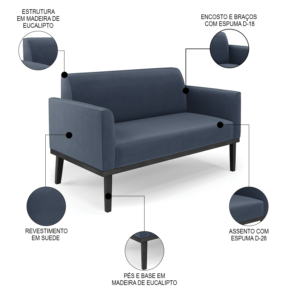 Sofá Namoradeira e 1 Poltrona Base Madeira Preto Maressa Suede Azul Marinho - Ibiza
