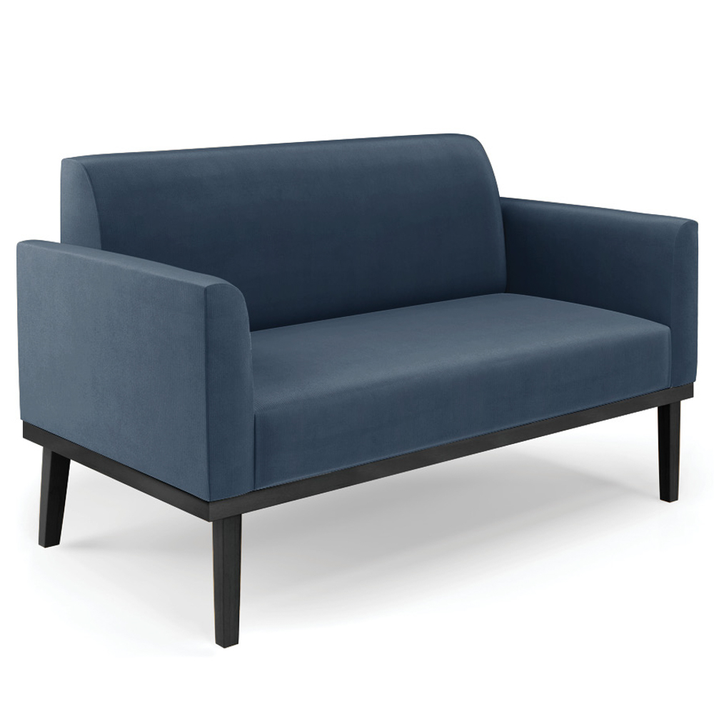 Sofá Namoradeira e 1 Poltrona Base Madeira Preto Maressa Suede Azul Marinho - Ibiza
