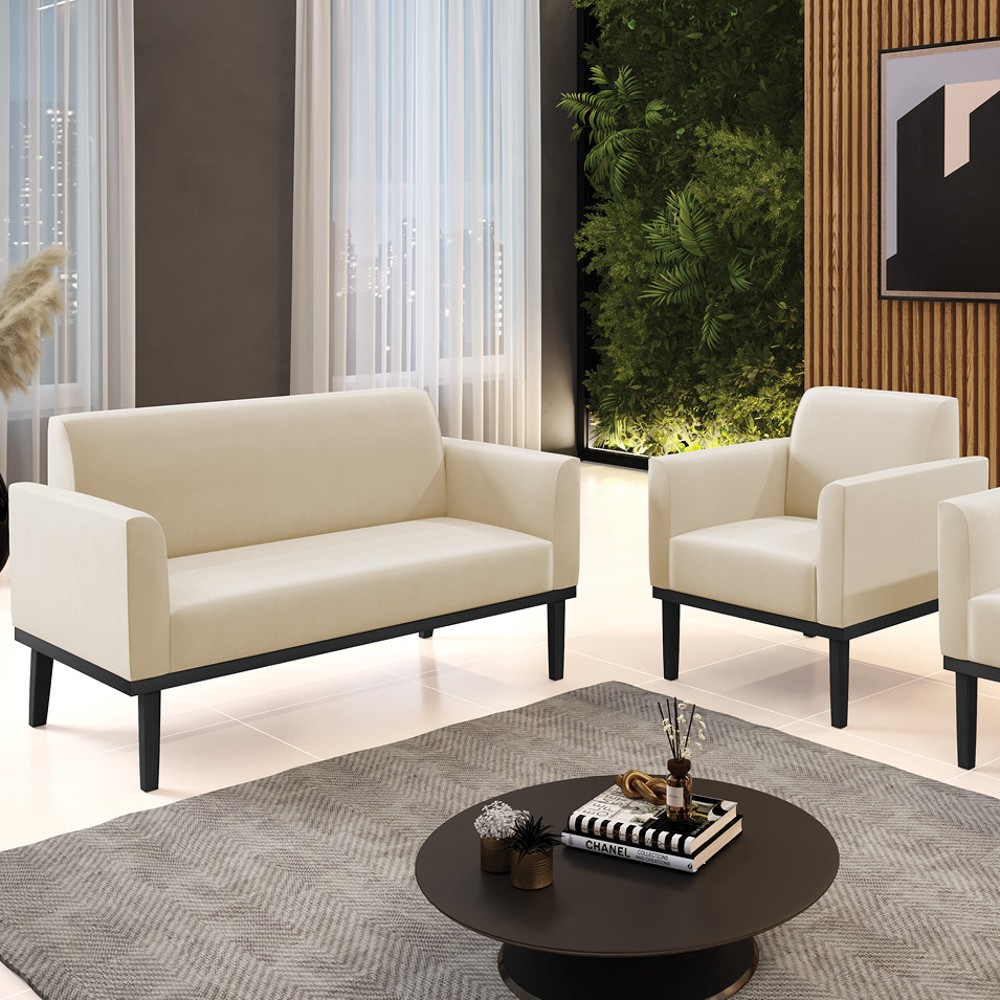 Sofá Namoradeira e 1 Poltrona Base Madeira Preto Maressa Suede Bege - Ibiza