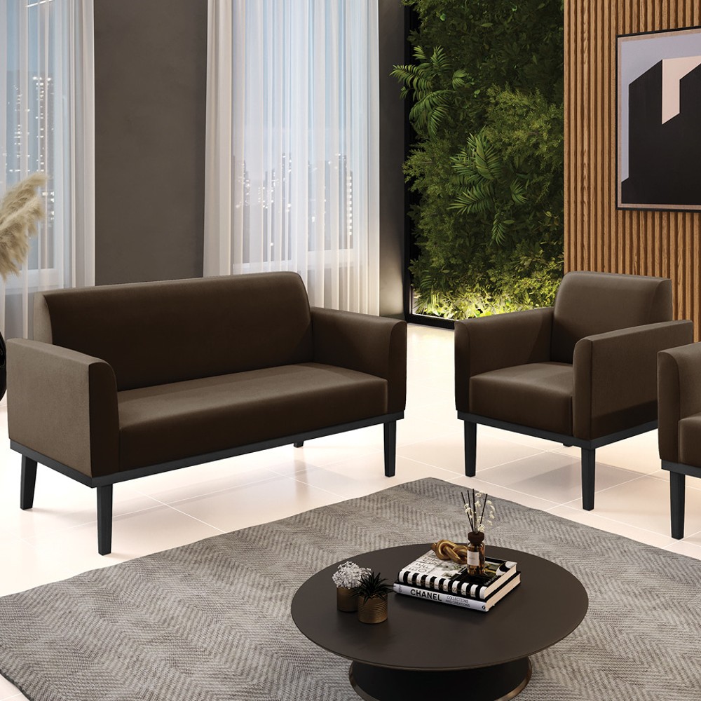 Sofá Namoradeira e 1 Poltrona Base Madeira Preto Maressa Suede Marrom - Ibiza