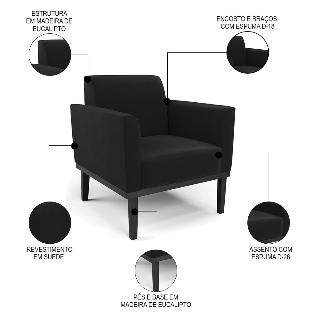 Sofá Namoradeira e 1 Poltrona Base Madeira Preto Maressa Suede Preto - Ibiza