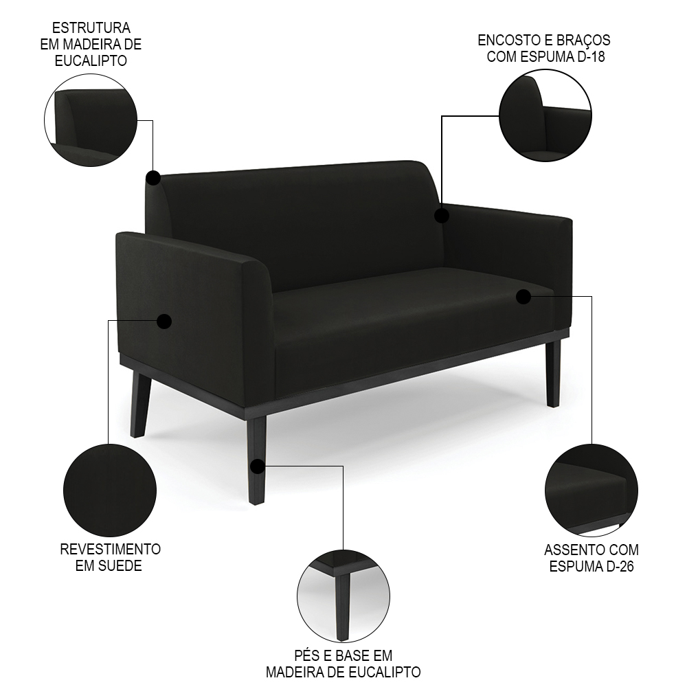 Sofá Namoradeira e 1 Poltrona Base Madeira Preto Maressa Suede Preto - Ibiza