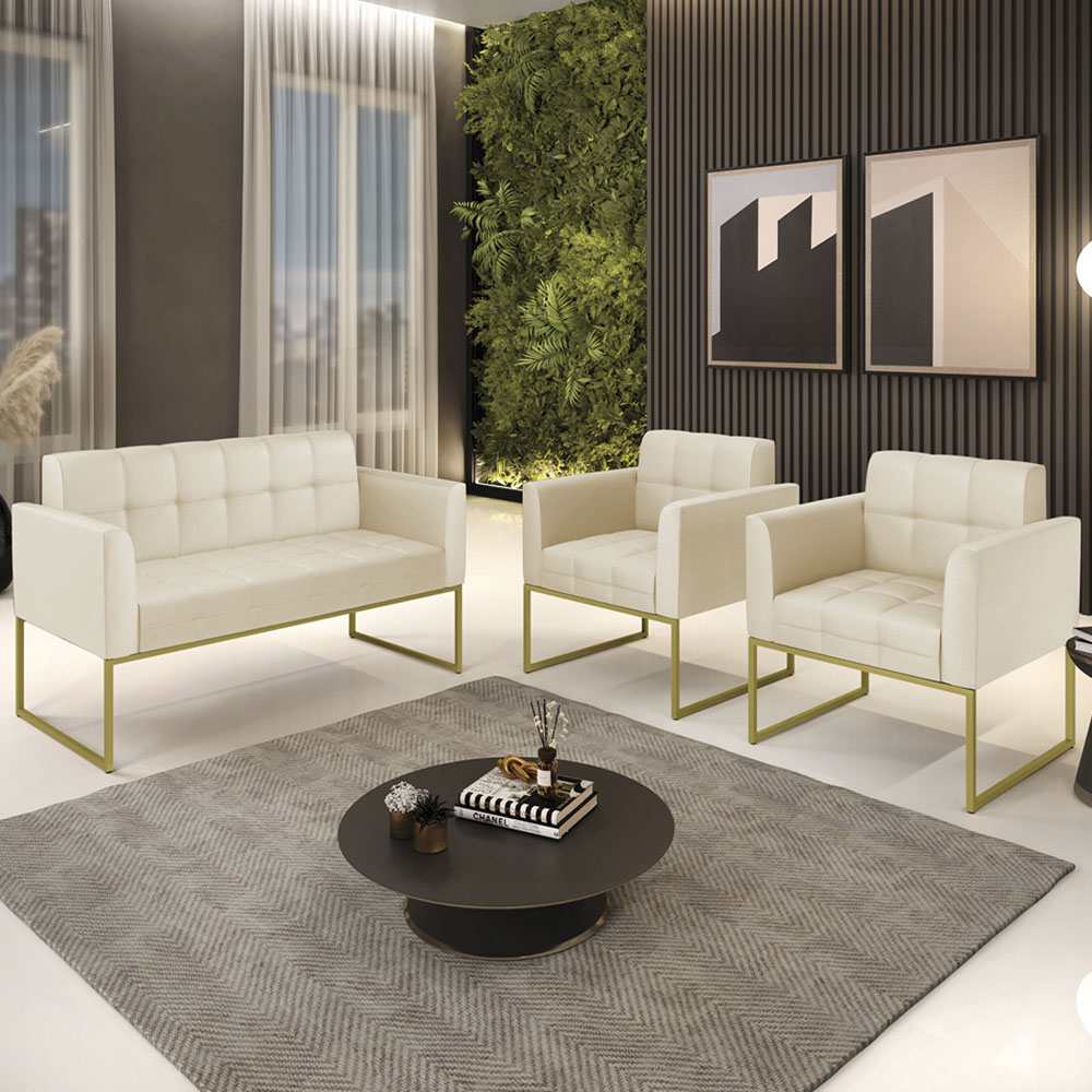Sofá Namoradeira e 2 Poltronas Base Industrial Dourado Ana Sintético Bege - Ibiza