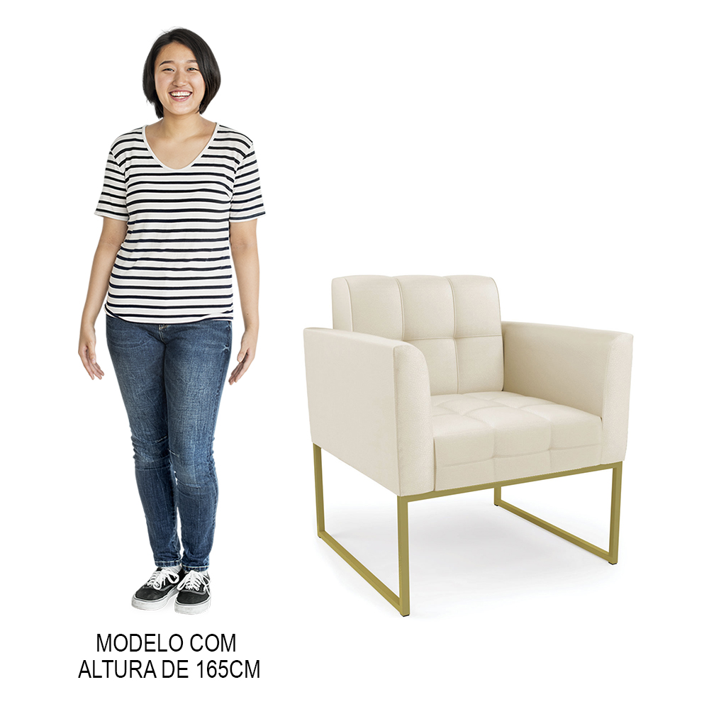 Sofá Namoradeira e 2 Poltronas Base Industrial Dourado Ana Sintético Bege - Ibiza
