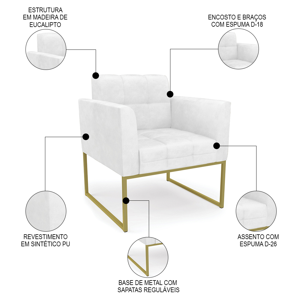 Sofá Namoradeira e 2 Poltronas Base Industrial Dourado Ana Sintético PU Branco - Ibiza