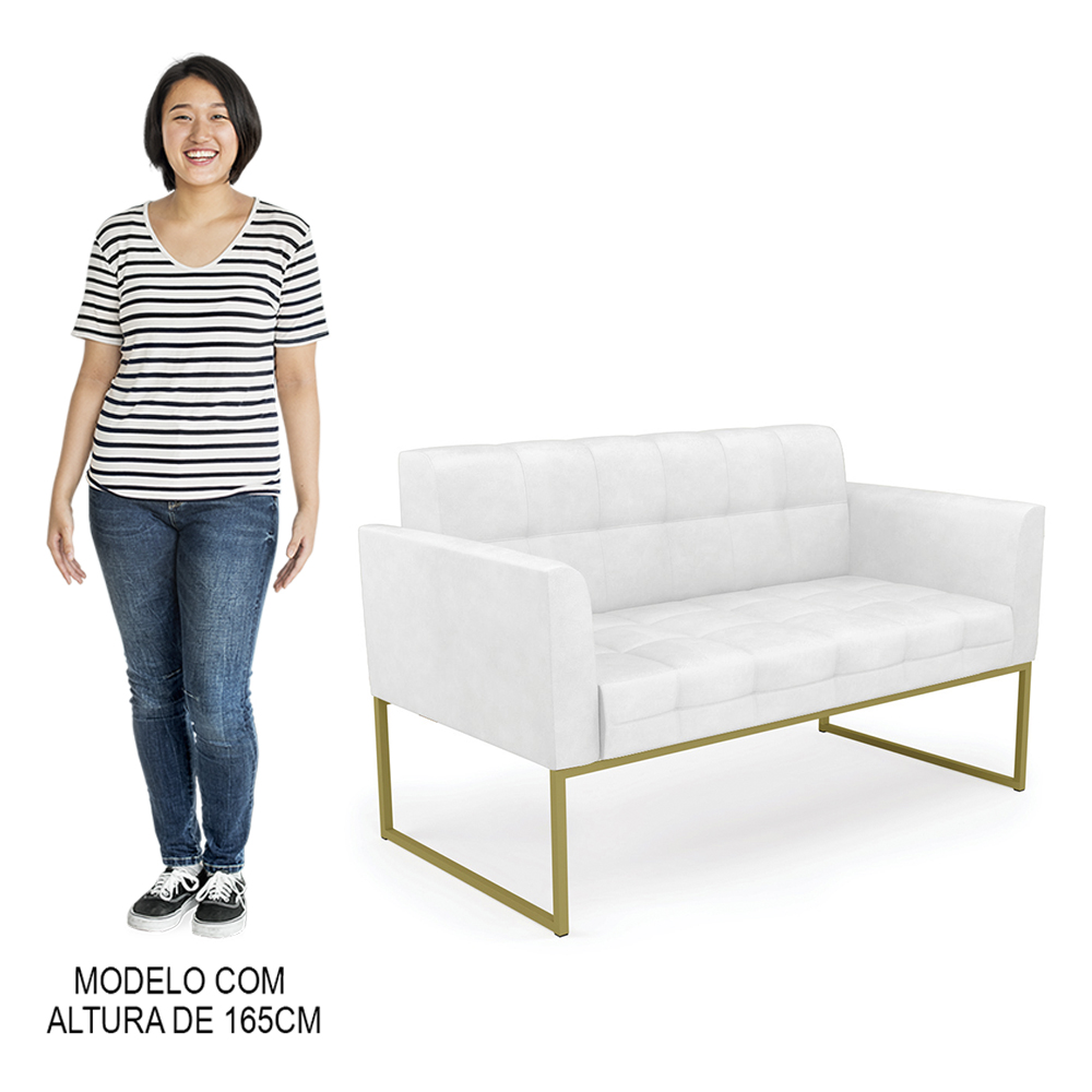 Sofá Namoradeira e 2 Poltronas Base Industrial Dourado Ana Sintético PU Branco - Ibiza
