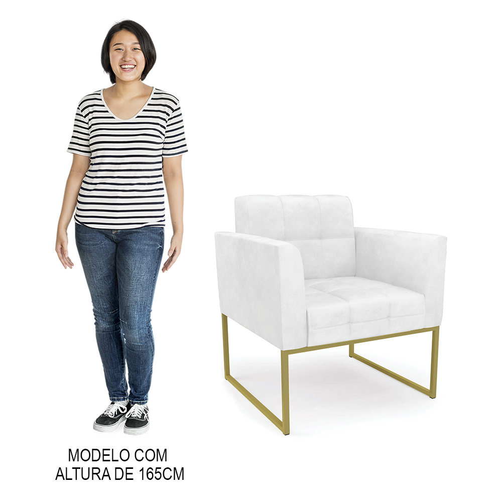 Sofá Namoradeira e 2 Poltronas Base Industrial Dourado Ana Sintético PU Branco - Ibiza
