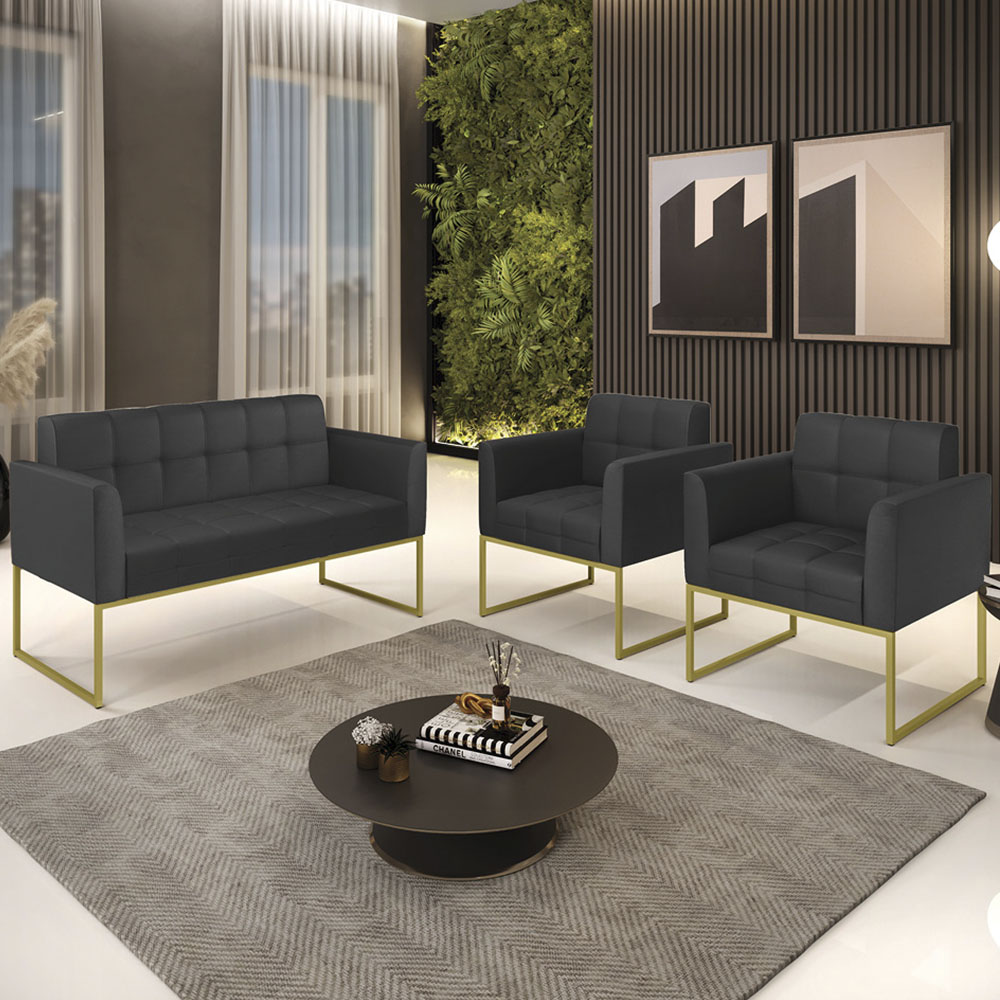 Sofá Namoradeira e 2 Poltronas Base Industrial Dourado Ana Sintético Preto - Ibiza
