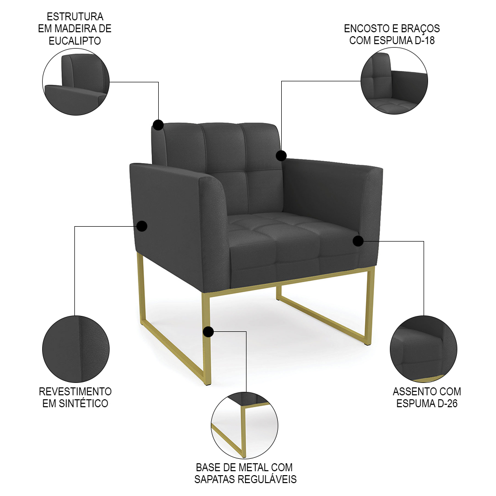 Sofá Namoradeira e 2 Poltronas Base Industrial Dourado Ana Sintético Preto - Ibiza