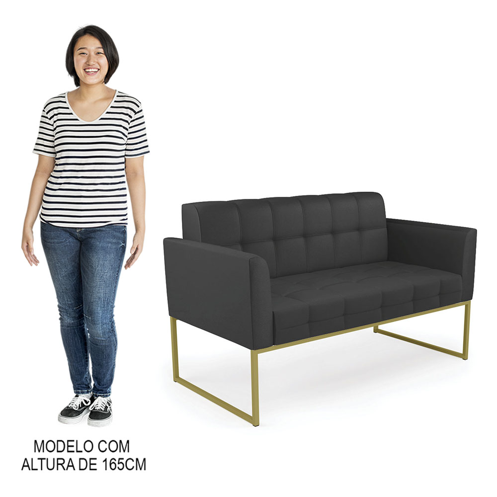 Sofá Namoradeira e 2 Poltronas Base Industrial Dourado Ana Sintético Preto - Ibiza