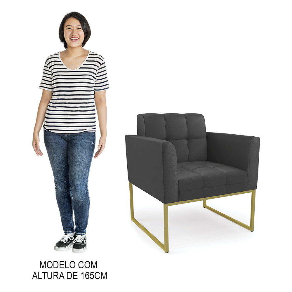 Sofá Namoradeira e 2 Poltronas Base Industrial Dourado Ana Sintético Preto - Ibiza
