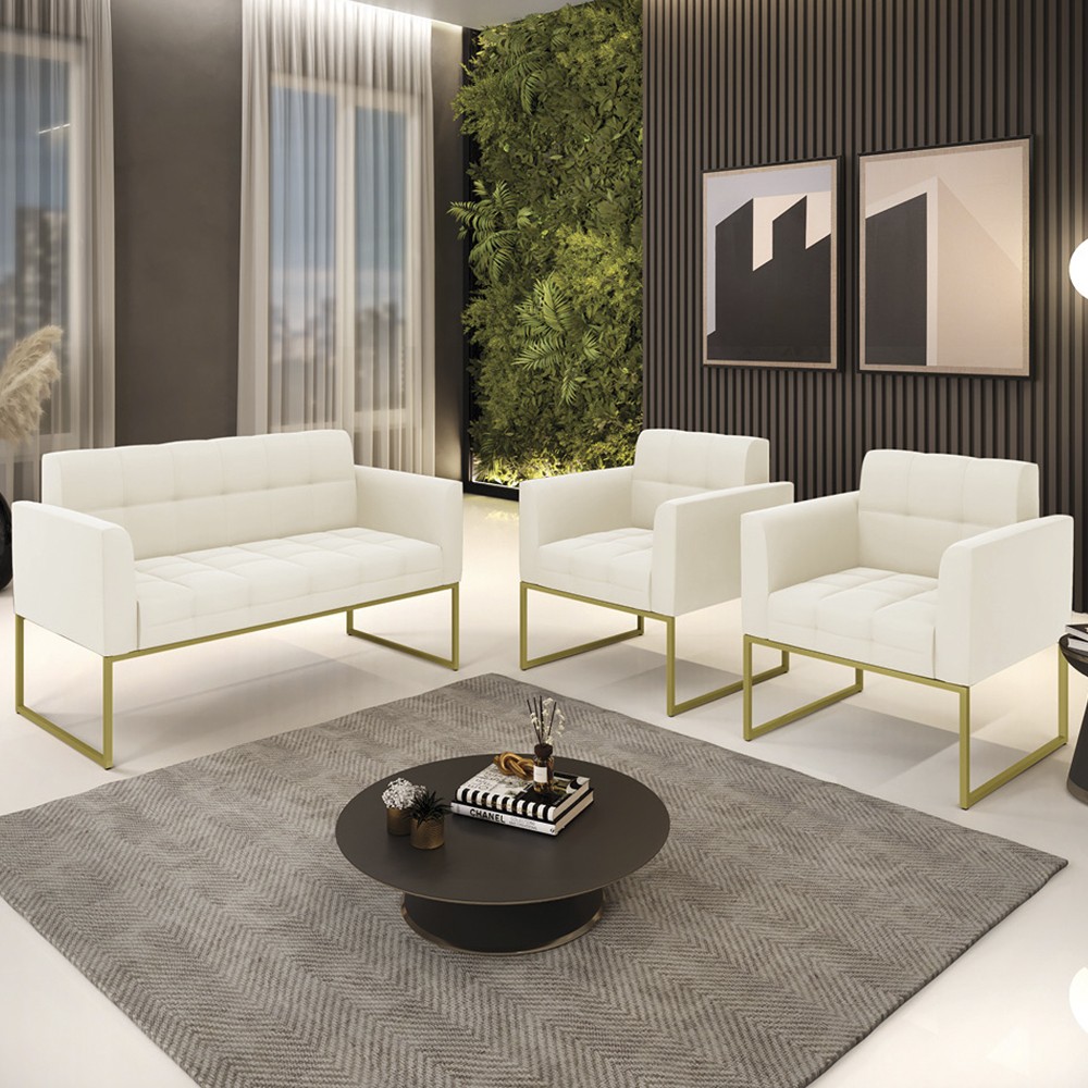 Sofá Namoradeira e 2 Poltronas Base Industrial Dourado Ana Veludo Bege - Ibiza