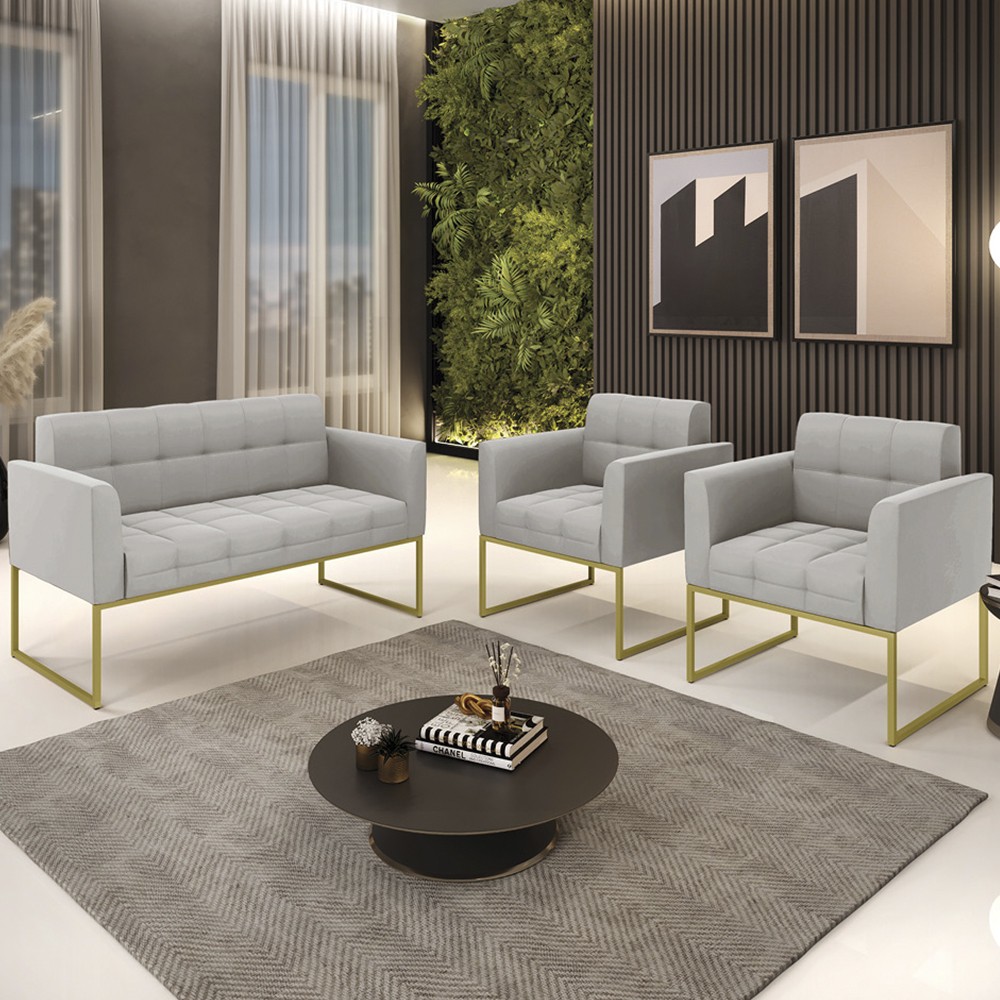 Sofá Namoradeira e 2 Poltronas Base Industrial Dourado Ana Veludo Cinza - Ibiza