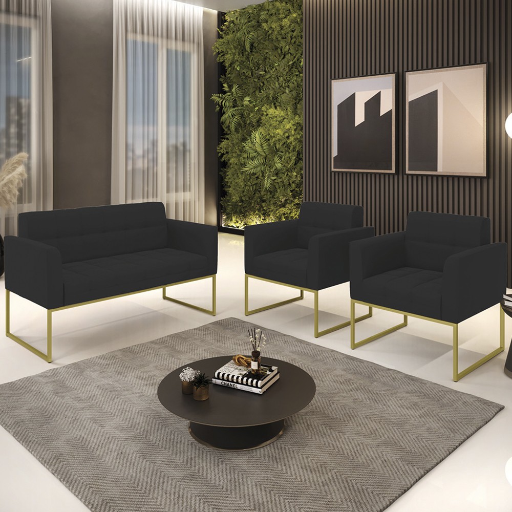 Sofá Namoradeira e 2 Poltronas Base Industrial Dourado Ana Veludo Preto - Ibiza