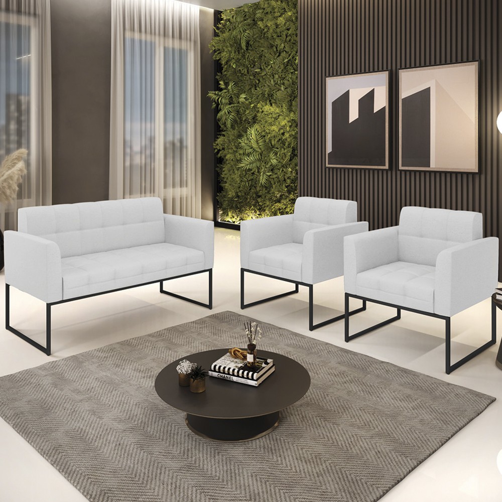 Sofá Namoradeira e 2 Poltronas Base Industrial Preto Ana Linho Cinza - Ibiza