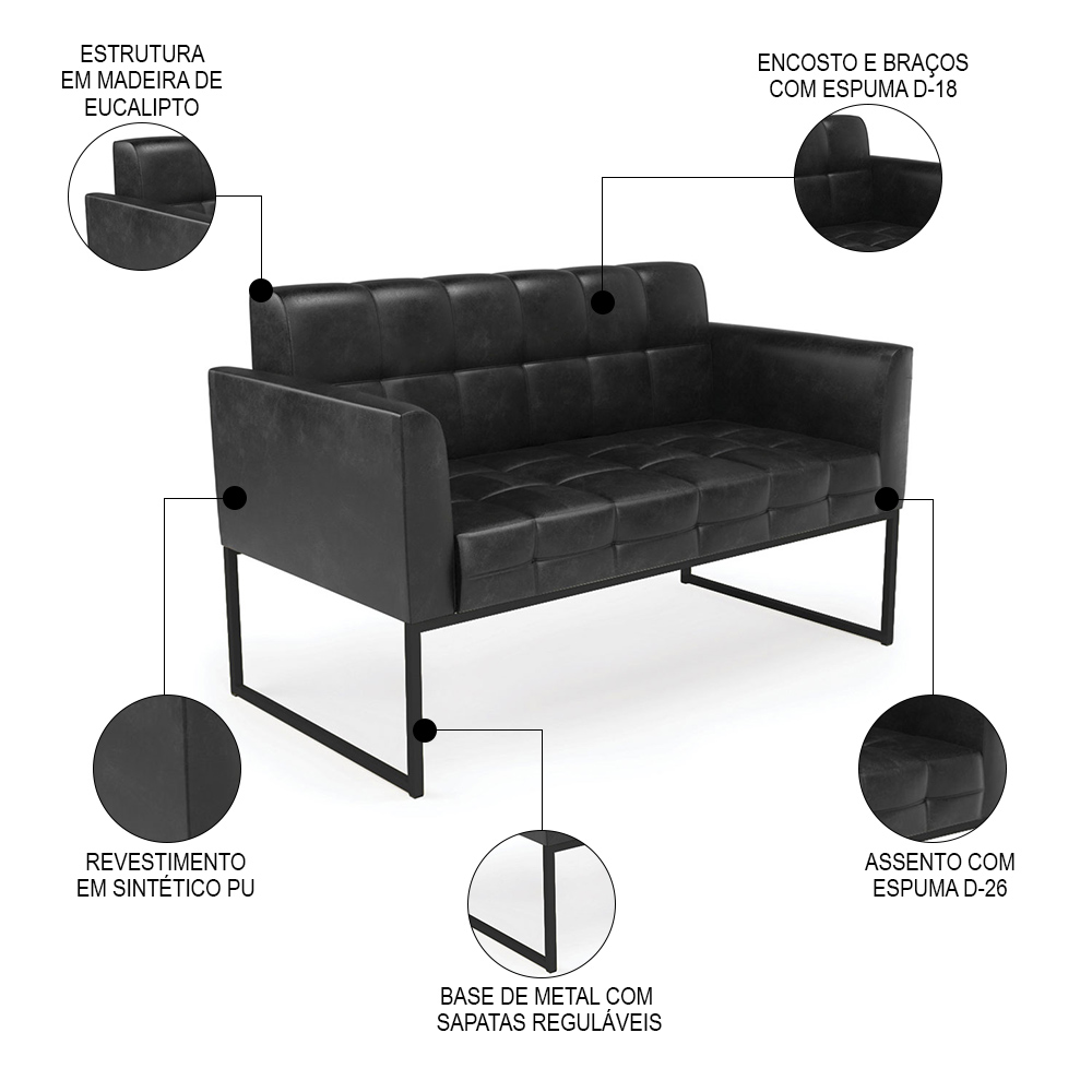 Sofá Namoradeira e 2 Poltronas Base Industrial Preto Ana Sintético PU Preto - Ibiza