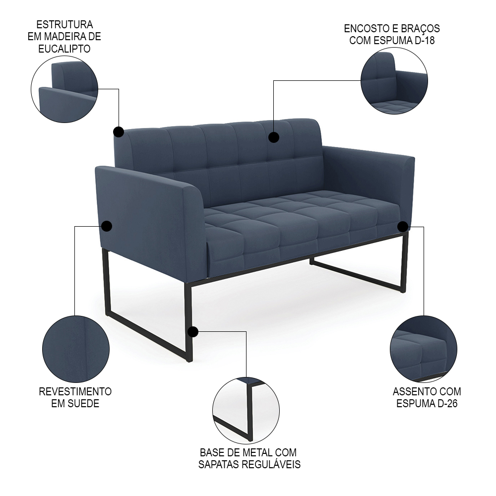 Sofá Namoradeira e 2 Poltronas Base Industrial Preto Ana Suede Azul Marinho - Ibiza