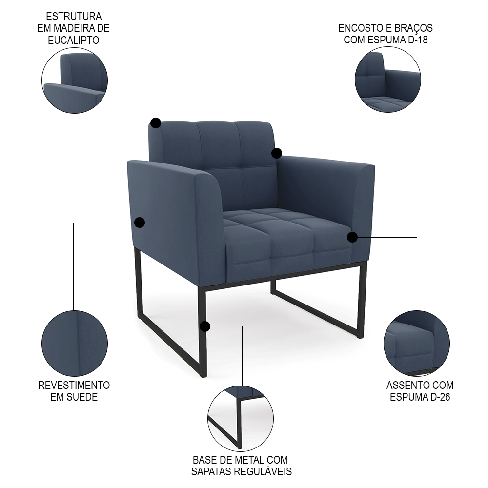 Sofá Namoradeira e 2 Poltronas Base Industrial Preto Ana Suede Azul Marinho - Ibiza