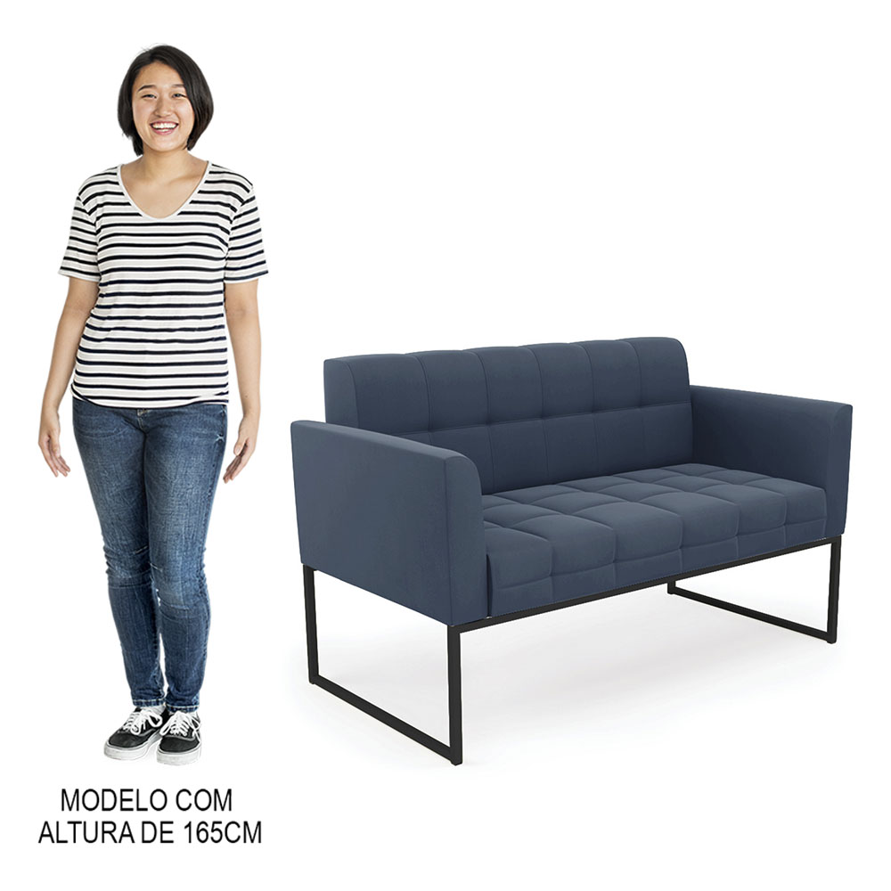 Sofá Namoradeira e 2 Poltronas Base Industrial Preto Ana Suede Azul Marinho - Ibiza