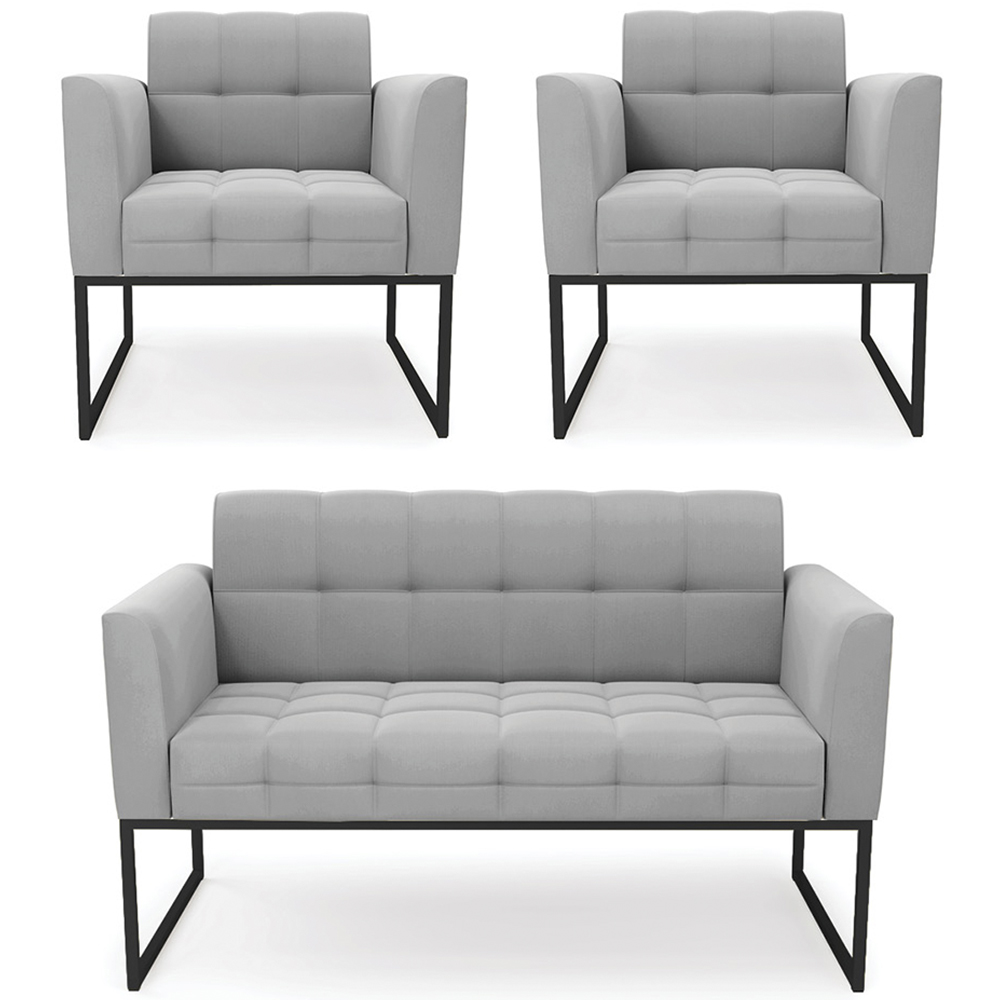 Sofá Namoradeira e 2 Poltronas Base Industrial Preto Ana Suede Cinza - Ibiza