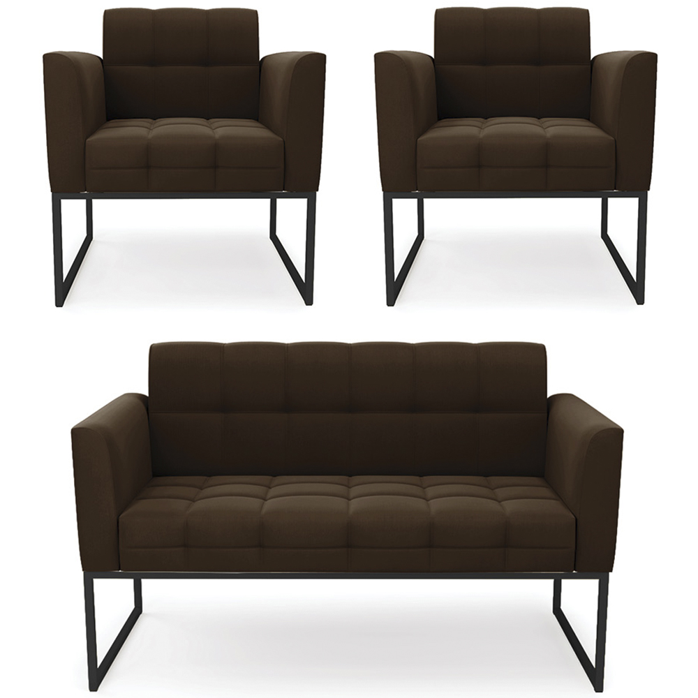 Sofá Namoradeira e 2 Poltronas Base Industrial Preto Ana Suede Marrom - Ibiza