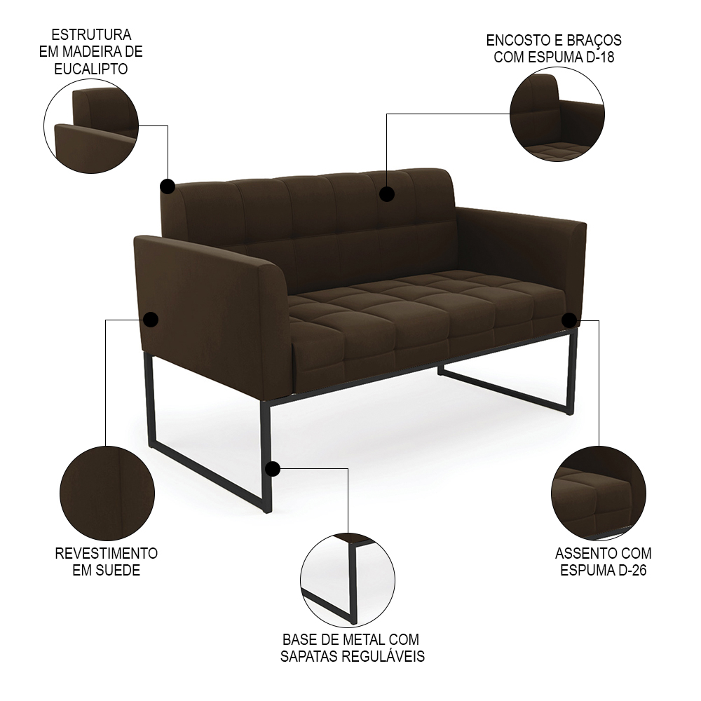 Sofá Namoradeira e 2 Poltronas Base Industrial Preto Ana Suede Marrom - Ibiza