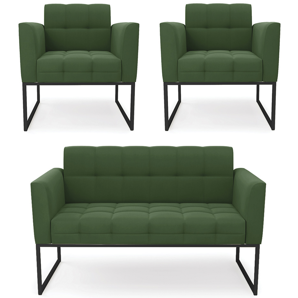 Sofá Namoradeira e 2 Poltronas Base Industrial Preto Ana Suede Verde - Ibiza