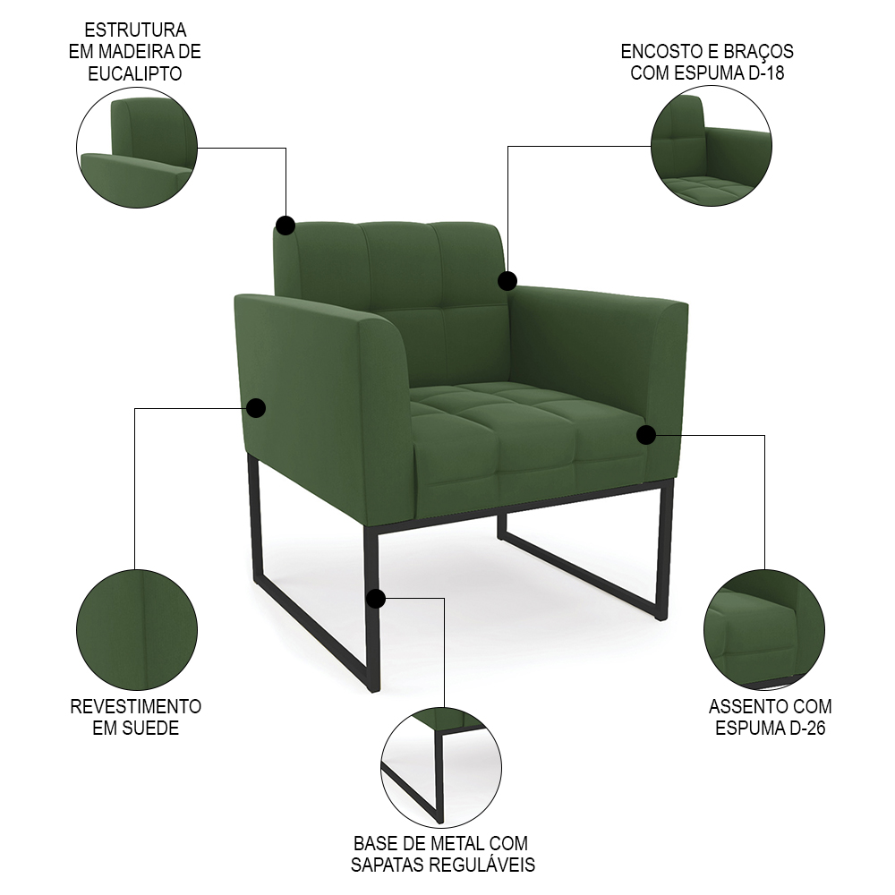 Sofá Namoradeira e 2 Poltronas Base Industrial Preto Ana Suede Verde - Ibiza