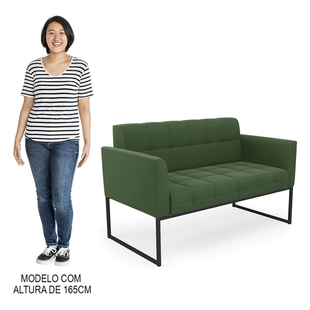 Sofá Namoradeira e 2 Poltronas Base Industrial Preto Ana Suede Verde - Ibiza