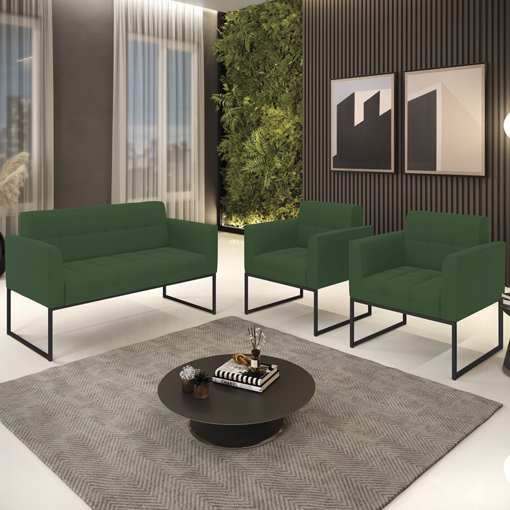 Sofá Namoradeira e 2 Poltronas Base Industrial Preto Ana Veludo Verde - Ibiza
