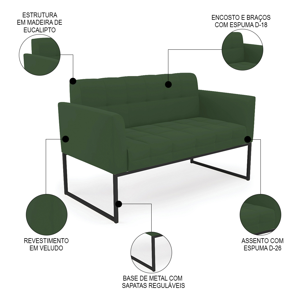 Sofá Namoradeira e 2 Poltronas Base Industrial Preto Ana Veludo Verde - Ibiza